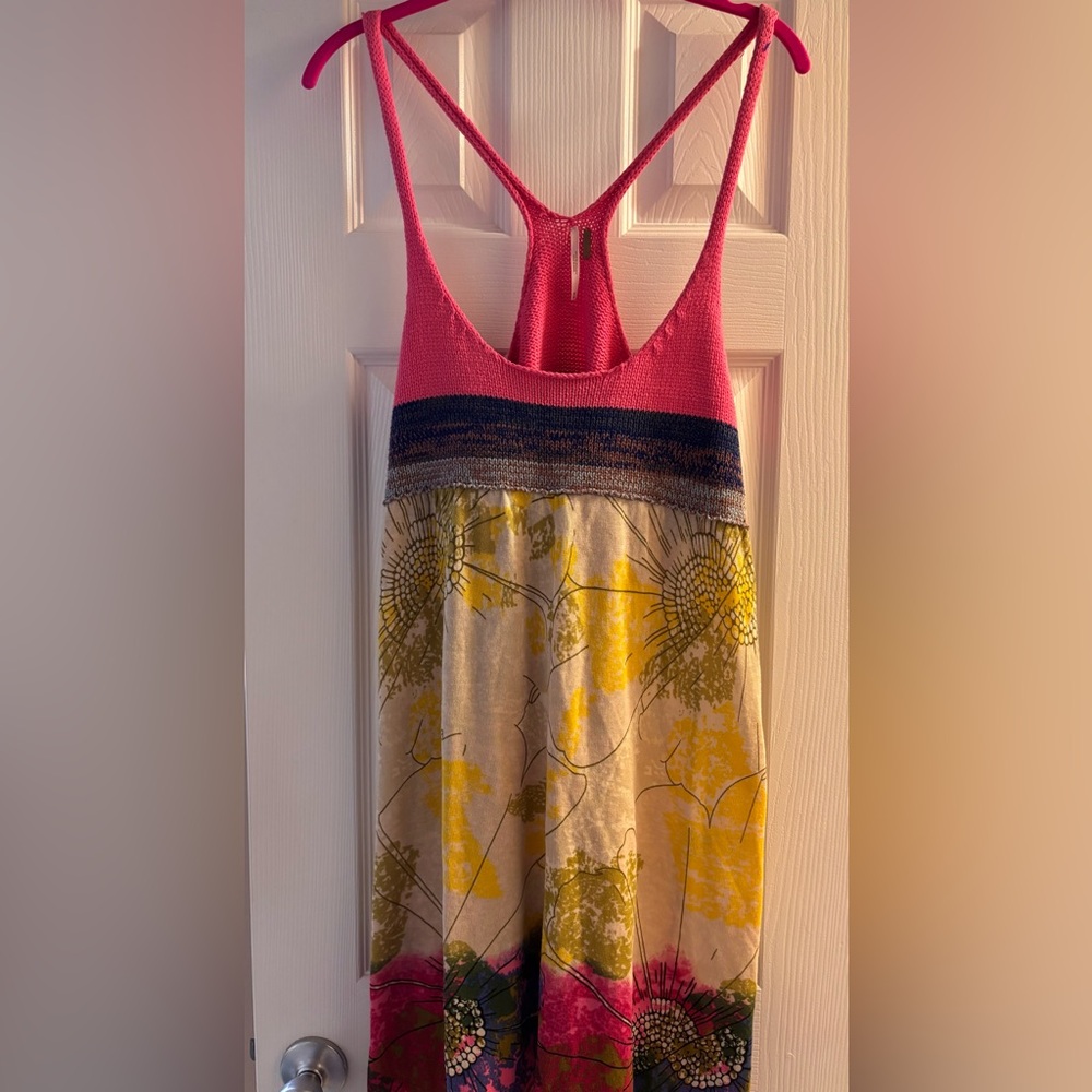 Free People Pink Knit Cotton Abstract Racerback Mini Dress Tunic M